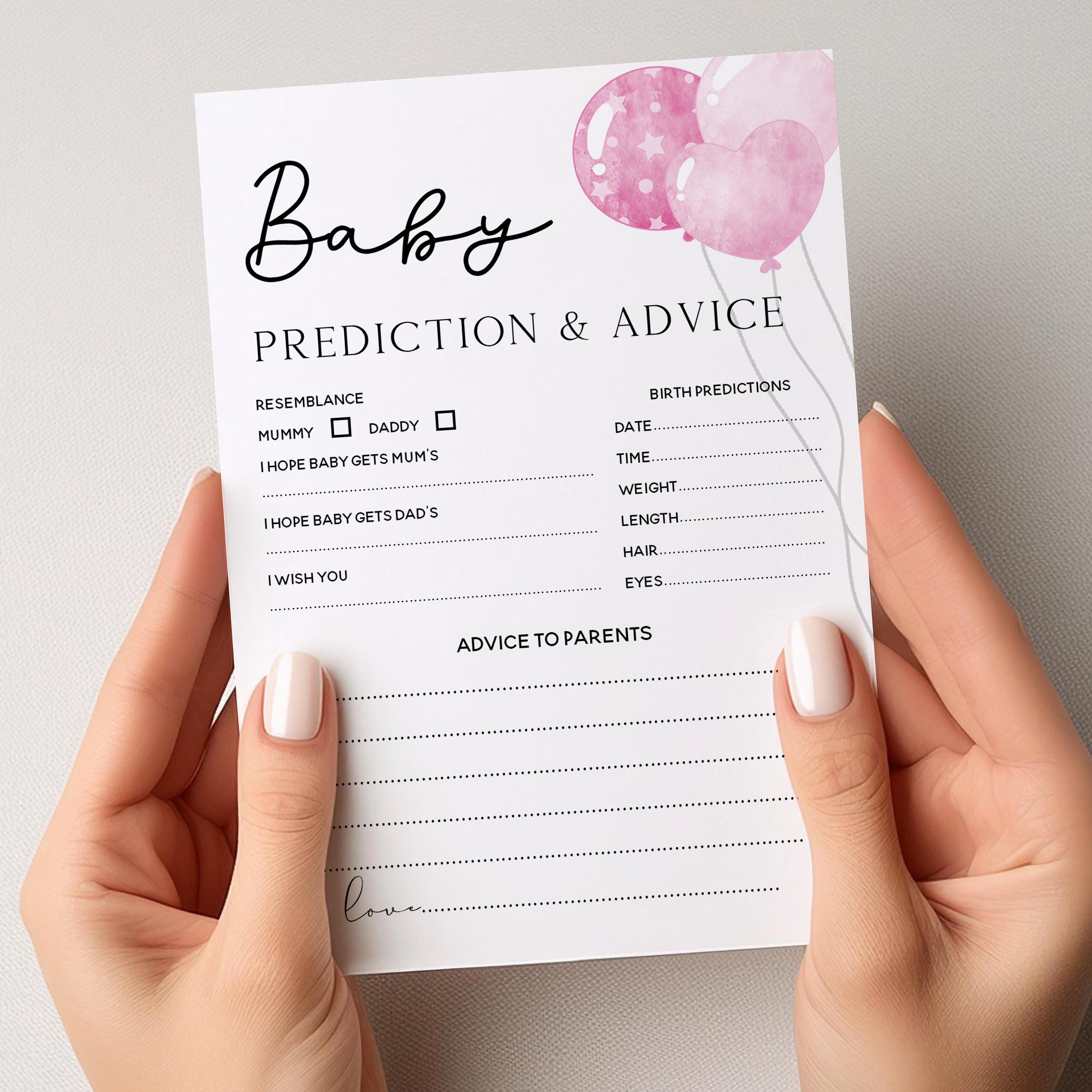 Pink Baby Prediction/Advice Cards-Pink Balloon Baby Shower Cards-Baby Shower Games Girl-Baby Shower Card-Baby Shower Game Pack Pink-New Mum