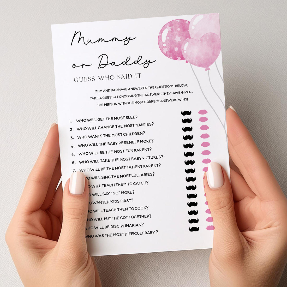 Pink Mummy or Daddy Game Cards-Pink Balloon Baby Shower Card-Guess Who Said It-Baby Shower Games Girl-Baby Shower Card-Baby Shower Game Pack