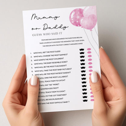 Pink Mummy or Daddy Game Cards-Pink Balloon Baby Shower Card-Guess Who Said It-Baby Shower Games Girl-Baby Shower Card-Baby Shower Game Pack