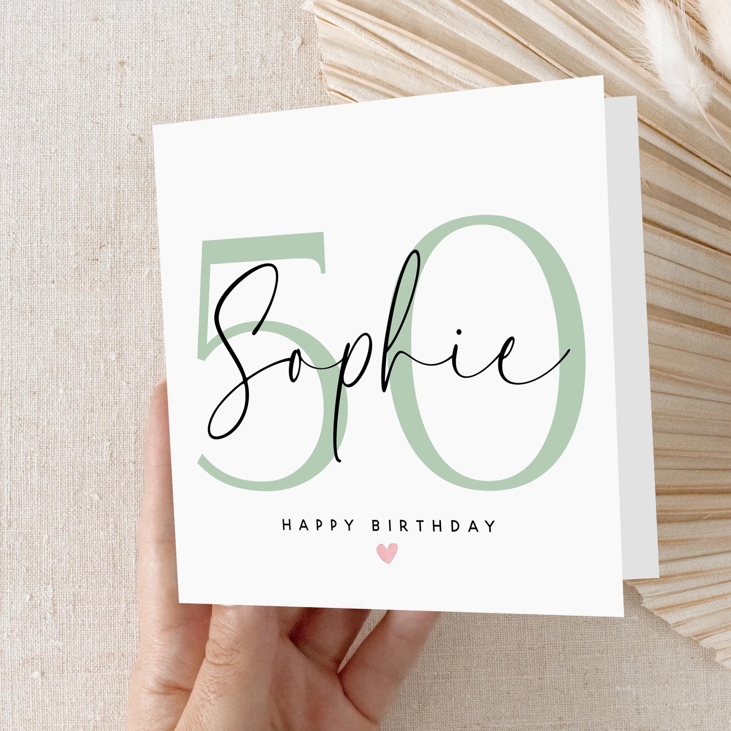 Personalised 50th Birthday Card, Special Milestone Card, Birthday For Daughter, Script &amp; Sage Green 50, Fiftieth Minimal-Kraft Envelope