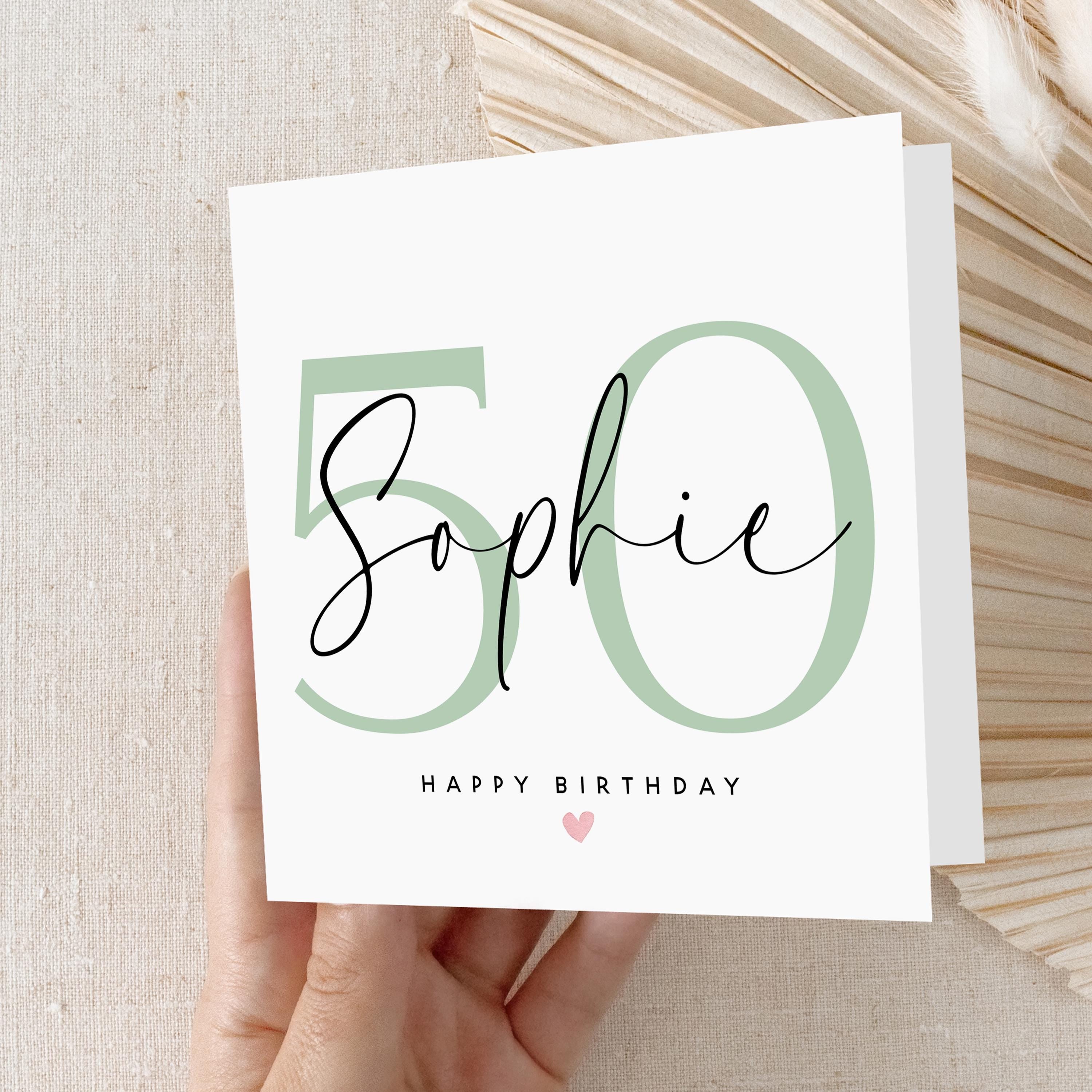 Personalised 50th Birthday Card, Special Milestone Card, Birthday For Daughter, Script &amp; Sage Green 50, Fiftieth Minimal-Kraft Envelope