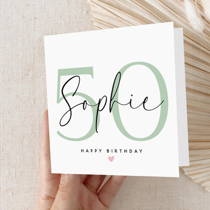 Personalised 50th Birthday Card, Special Milestone Card, Birthday For Daughter, Script &amp; Sage Green 50, Fiftieth Minimal-Kraft Envelope