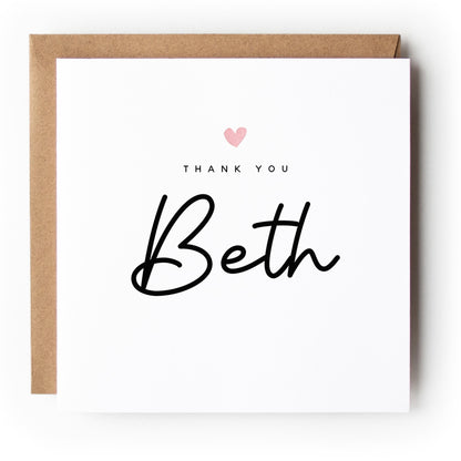 Personalised Thank You Card, Card For Friend, Card For Mum Dad, Appreciation Card, Bestie, Script Font &amp; Pink Heart,,Minimal-Kraft Envelope