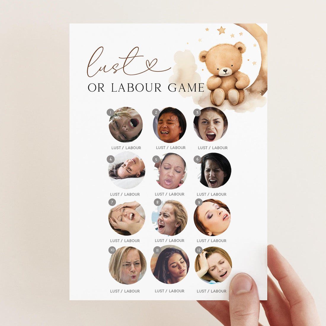 Teddy Bear Baby Shower Lust Or Labour Game -Neutral Theme-Baby Shower Games-Bear and Moon Design-Baby Sprinkle