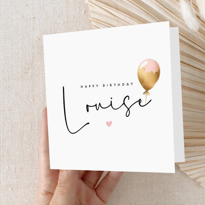 Personalised Balloon Birthday Card, Special Birthday Card, Birthday For Daughter, Pink &amp; Gold Balloon Minimal Design-Kraft Envelope Included