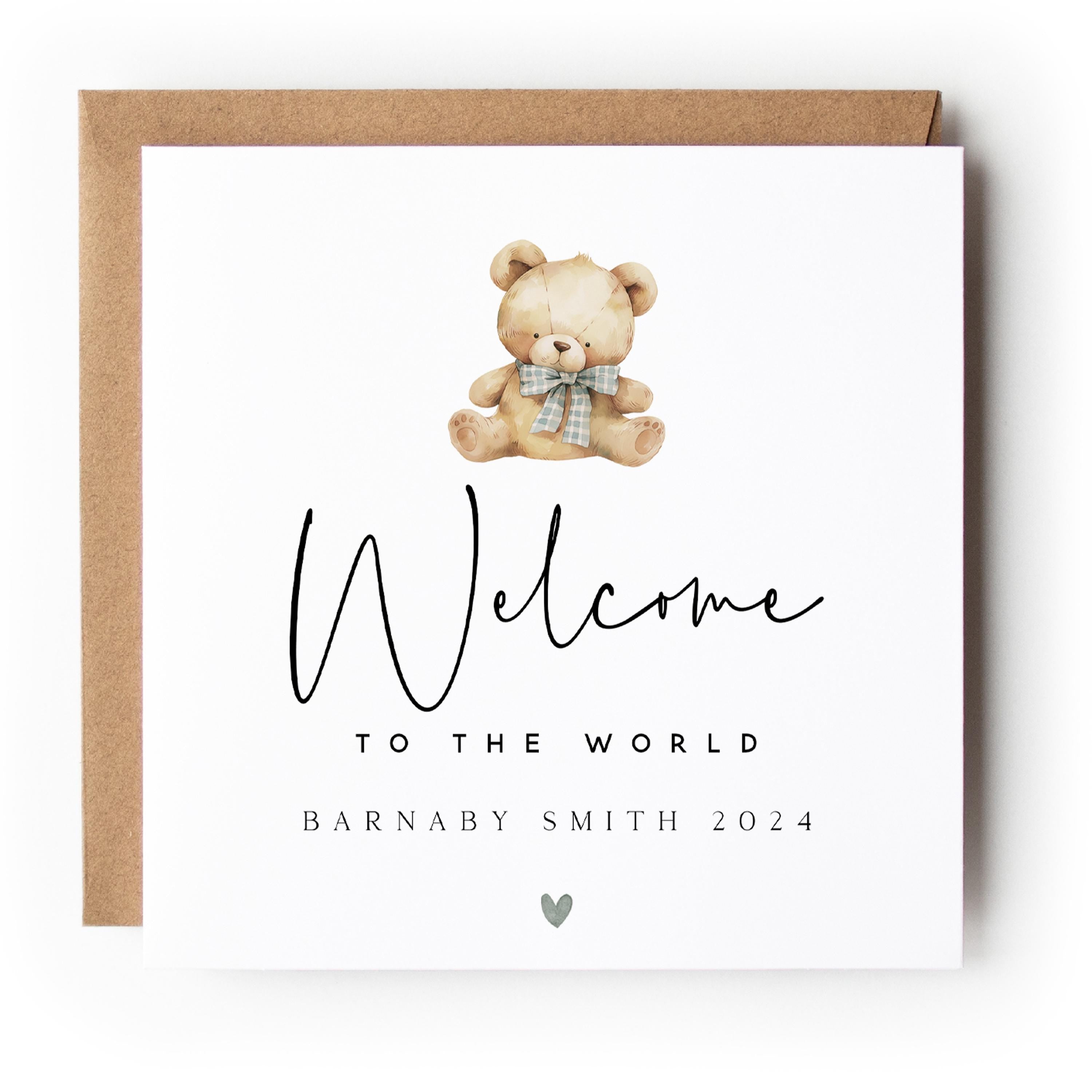 Personalised New Baby Card, Welcome To The World Teddy Card, Boy Or Girl, New Baby Card, Congratulations New Parents, Kraft Envelope