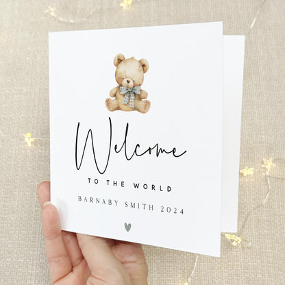 Personalised New Baby Card, Welcome To The World Teddy Card, Boy Or Girl, New Baby Card, Congratulations New Parents, Kraft Envelope