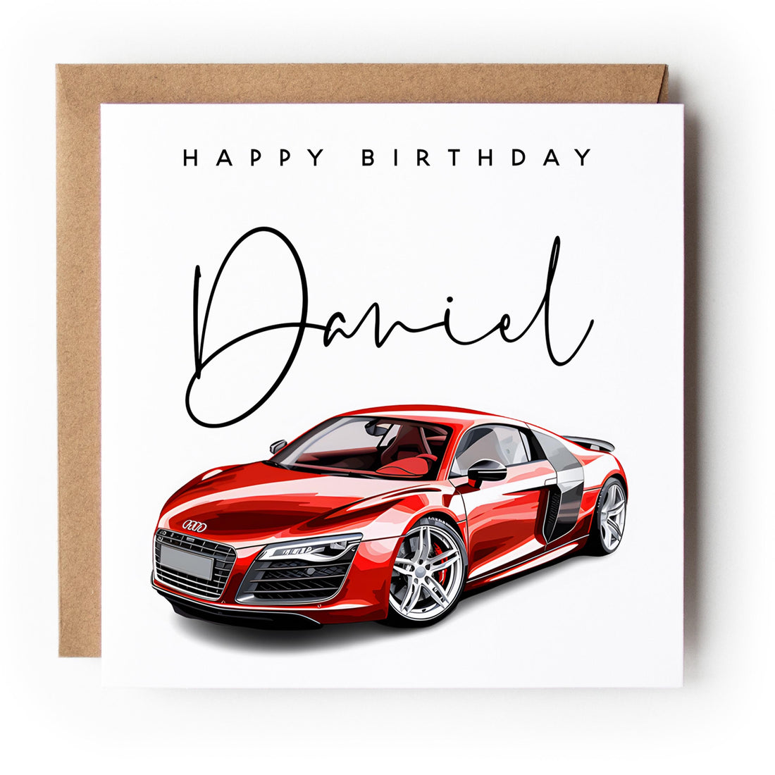 Personalised Car Birthday Card, Birthday Card For Son, Nephew, Grandson, Red Racing Car Card Design-Kraft Envelope