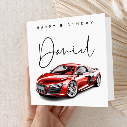 Personalised Car Birthday Card, Birthday Card For Son, Nephew, Grandson, Red Racing Car Card Design-Kraft Envelope