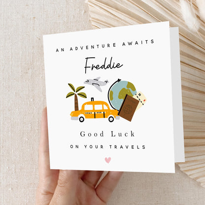 Personalised Good Luck Card-Travelling Card-Gap Year Card-Bon Voage-Safe Travels-Card For Son- Card For Daughter-Adventure Awaits-Envelope