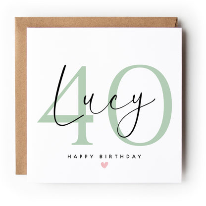 Personalised 40th Birthday Card, Special Milestone Card, Birthday For Daughter, Script &amp; Green 40, Forty Minimal-Kraft Envelope