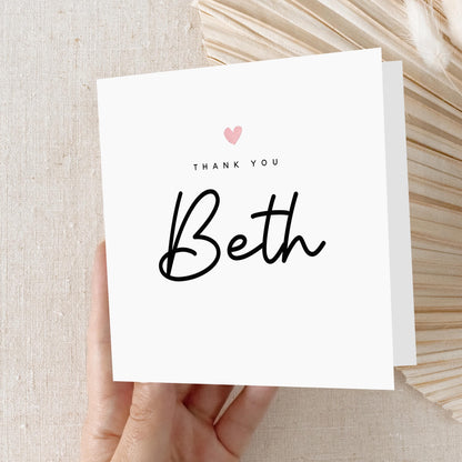 Personalised Thank You Card, Card For Friend, Card For Mum Dad, Appreciation Card, Bestie, Script Font &amp; Pink Heart,,Minimal-Kraft Envelope