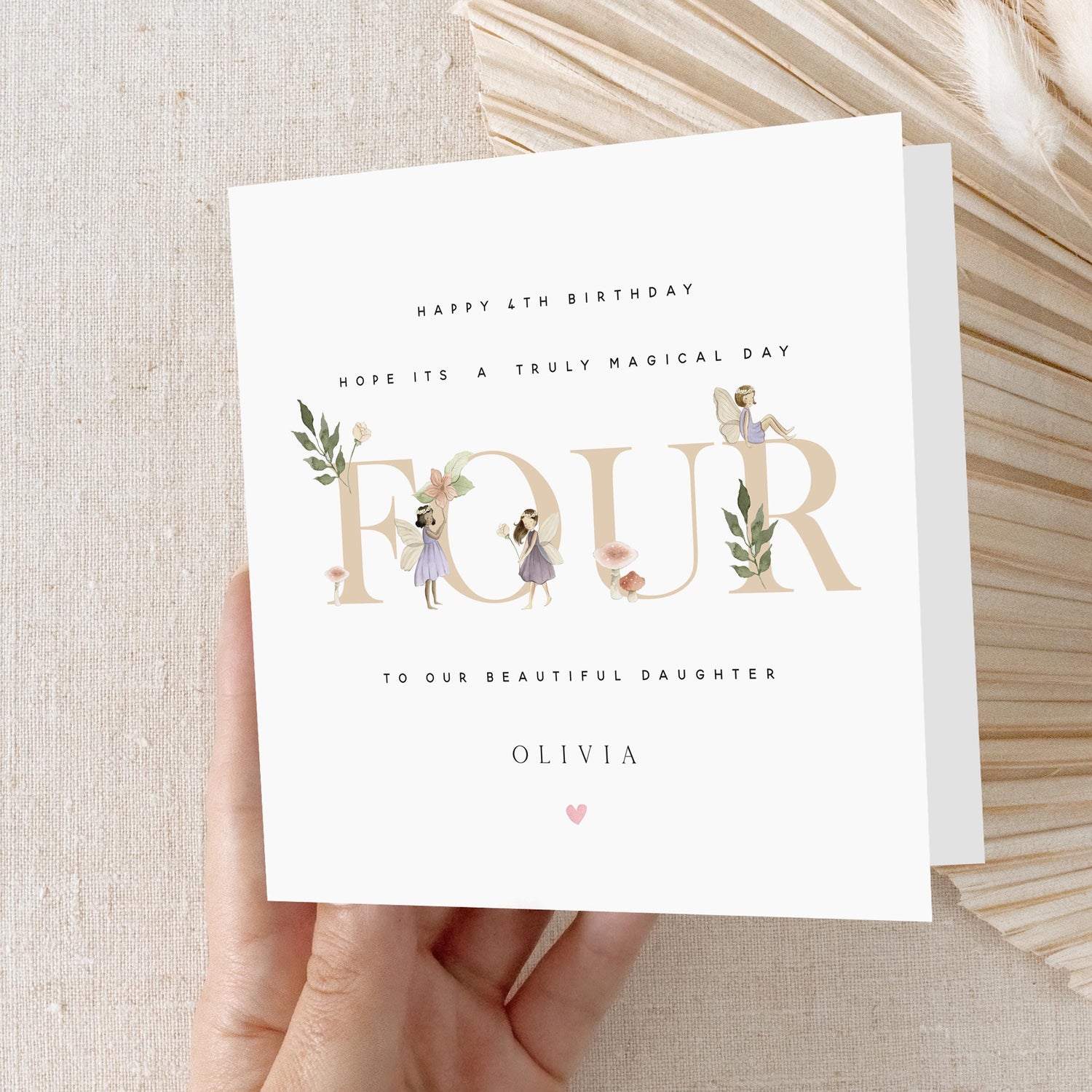 Personalised Birthday Card, Girls 4th Birthday Cards, Fairy Princess Birthday, Daughter, Granddaughter, Niece Birthday Card, Kraft Envelope