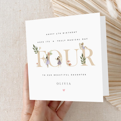 Personalised Birthday Card, Girls 4th Birthday Cards, Fairy Princess Birthday, Daughter, Granddaughter, Niece Birthday Card, Kraft Envelope