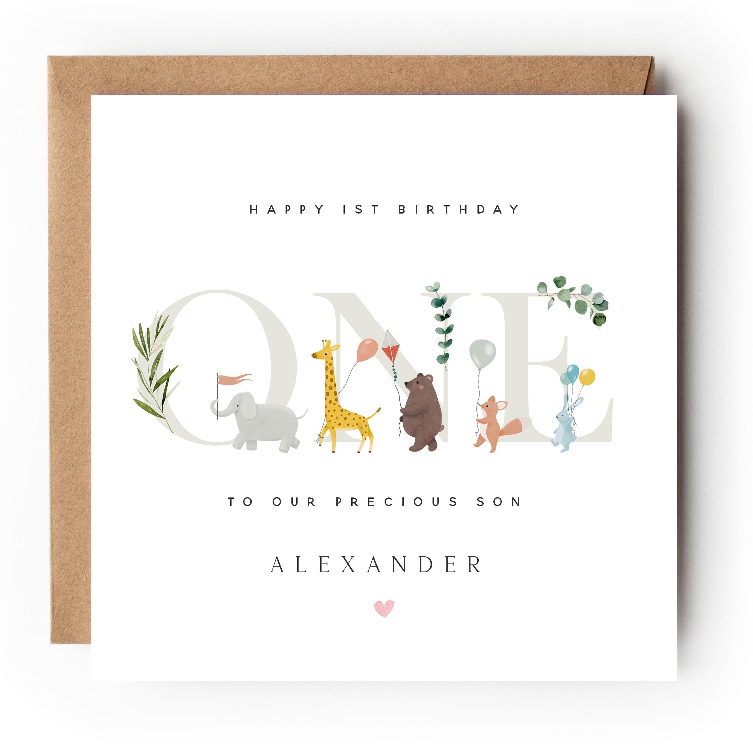 Personalised 1st Birthday Safari Parade Card, Special Milestone Card, First Birthday Card For Son, Nephew, Grandson ,One Year Old Birthday-