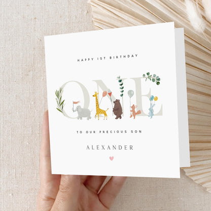 Personalised 1st Birthday Safari Parade Card, Special Milestone Card, First Birthday Card For Son, Nephew, Grandson ,One Year Old Birthday-