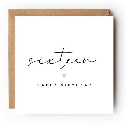 16th Birthday Card, Minimal Script, Special Milestone Birthday, Sixteenth, Daughter, Granddaughter, Sister, Niece Birthday, Kraft Envelope