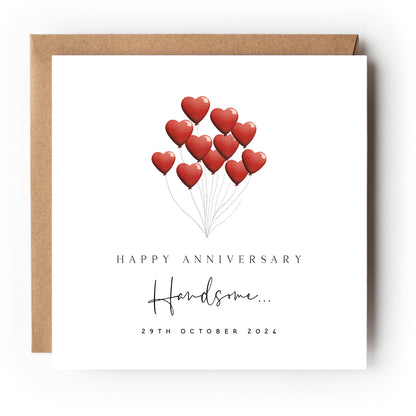 Anniversary Handsome Card-Husband Card-Boyfriend Card-For Him-Romantic Card-Anniversary Gift-Love Card-Heart Balloons-Kraft Envelope