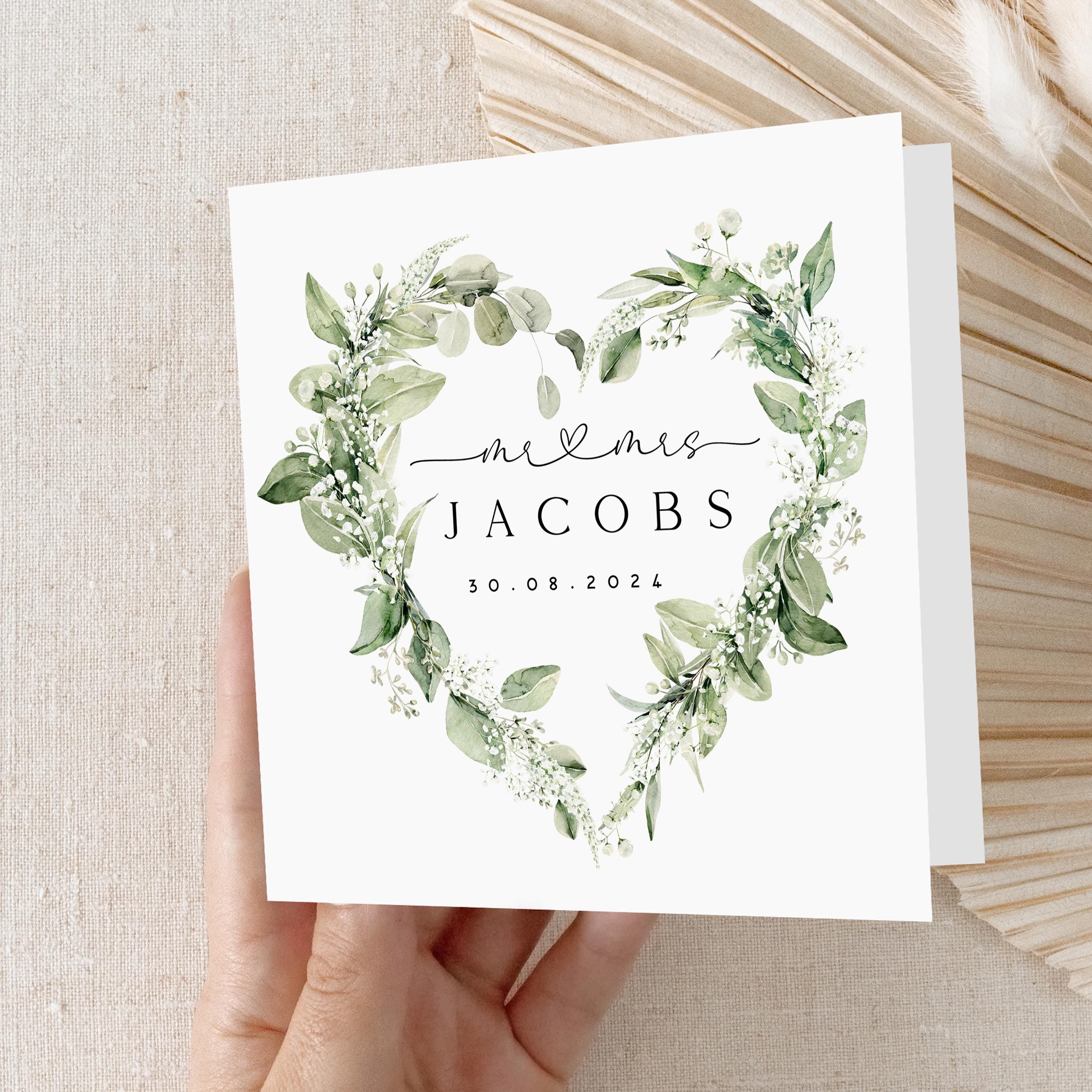 Personalised Wedding Card, Heart Wreath Botanical Greenery, Anniversary Card, Newlyweds, Engagement Card, Wedding Gift, Anniversary Gift