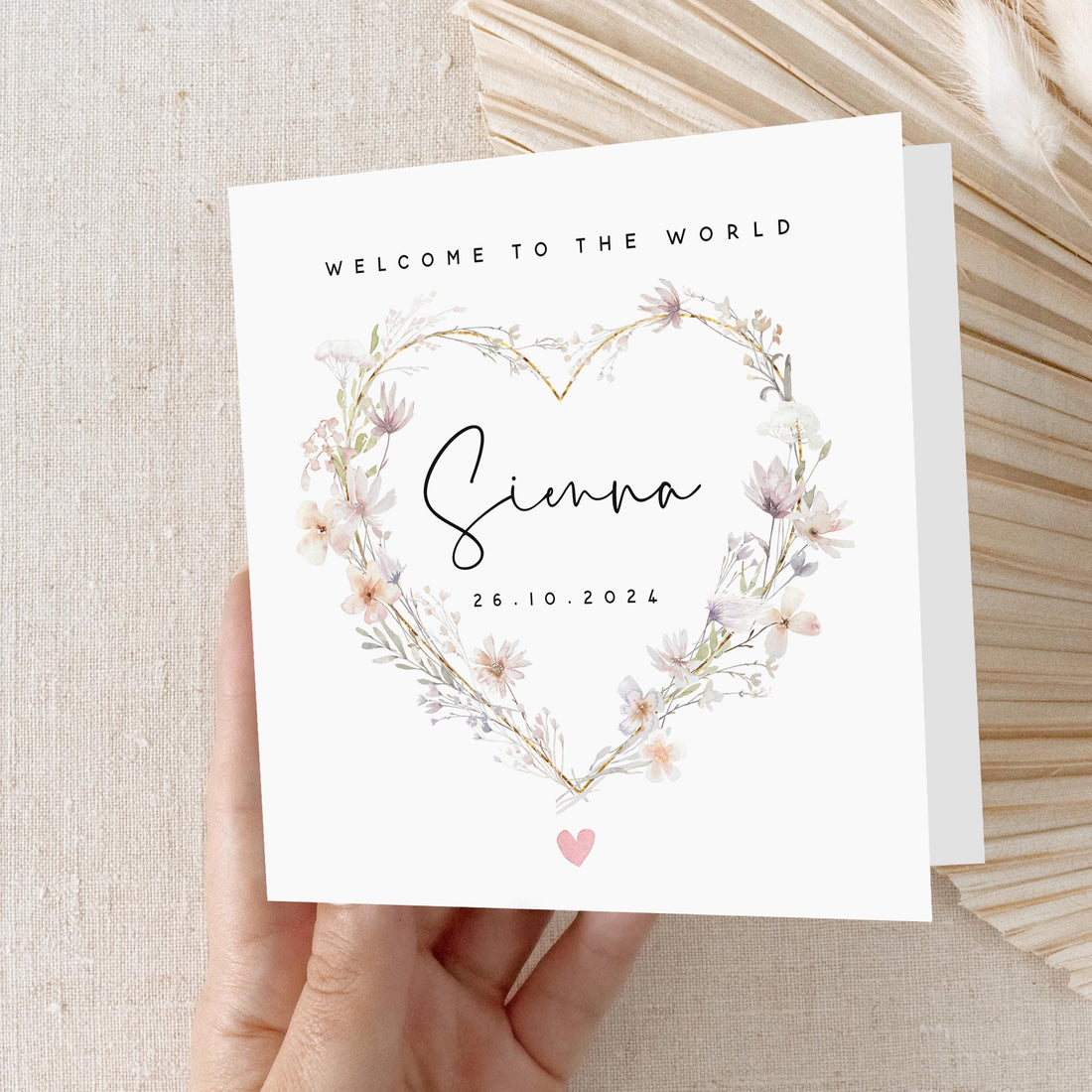 Personalised New Baby Card, Welcome To The World Card,Heart Wreath Design, Newborn Baby, Baby Girl Card, Congratulations Parents, Baby Gift