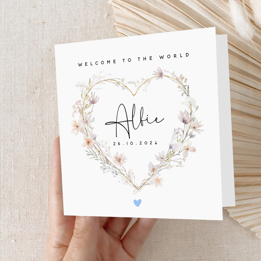 Personalised New Baby Card, Welcome To The World Card,Heart Wreath Design, Newborn Baby, Baby Boy Card, Congratulations Parents, Baby Gift