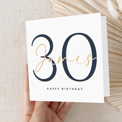 Personalised 30th Birthday Card, Special Milestone Card, Birthday Card For Son,Boyfriend,Husband,Navy Blue 30, Thirty Minimal-Kraft Envelope