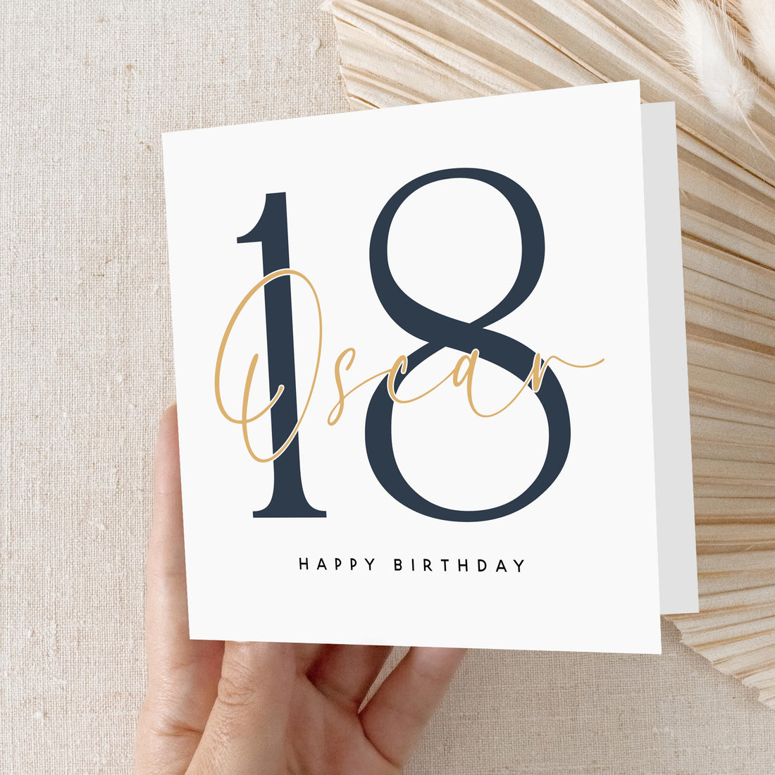 Personalised 18th Birthday Card, Special Milestone Card, Birthday For Son, Nephew, Grandson,Script &amp; Navy 18,Eighteen Minimal-Kraft Envelope