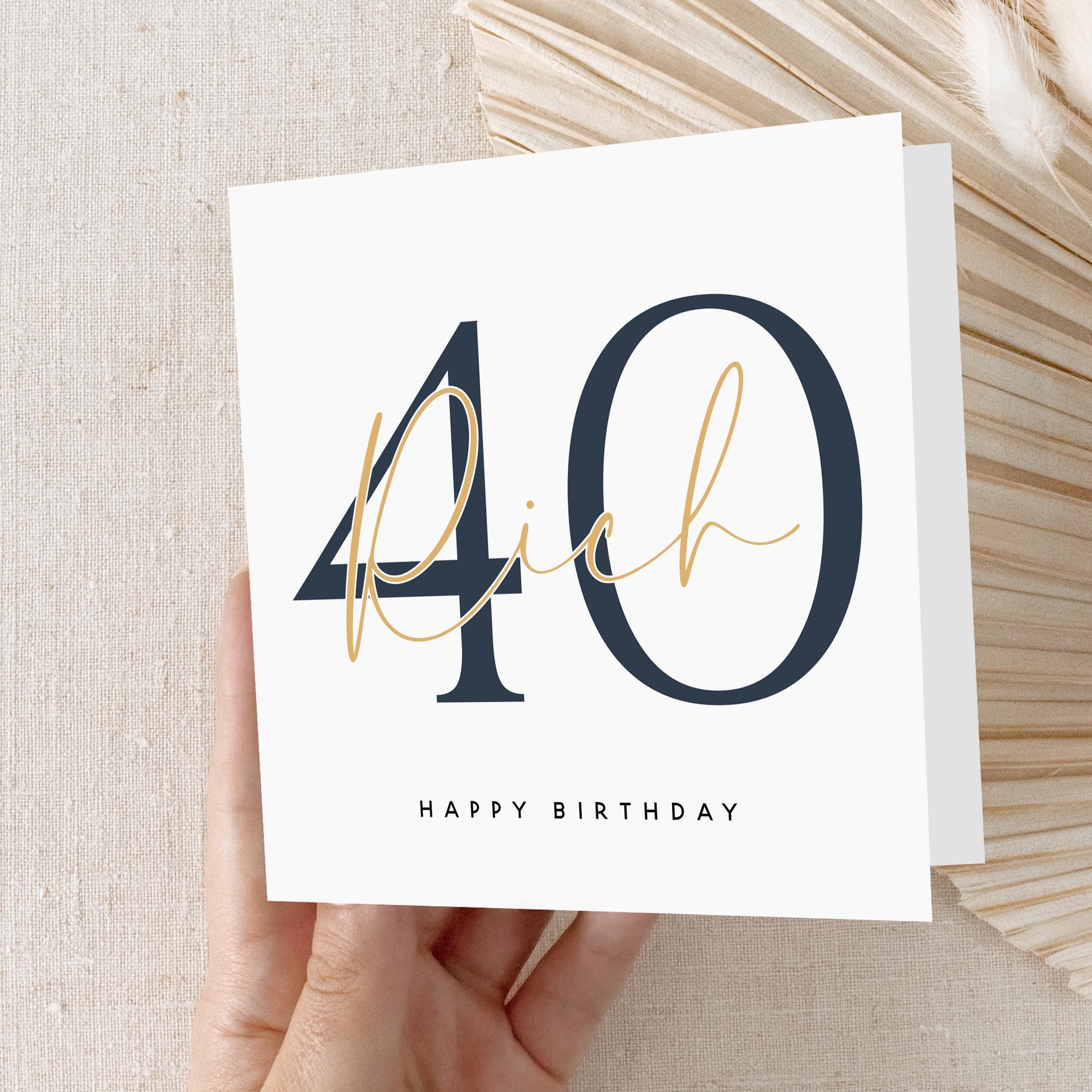 Personalised 40th Birthday Card, Special Milestone Card For Him,Birthday For Son,Husband,Dad, Script &amp; Navy 40, Forty Minimal-Kraft Envelope