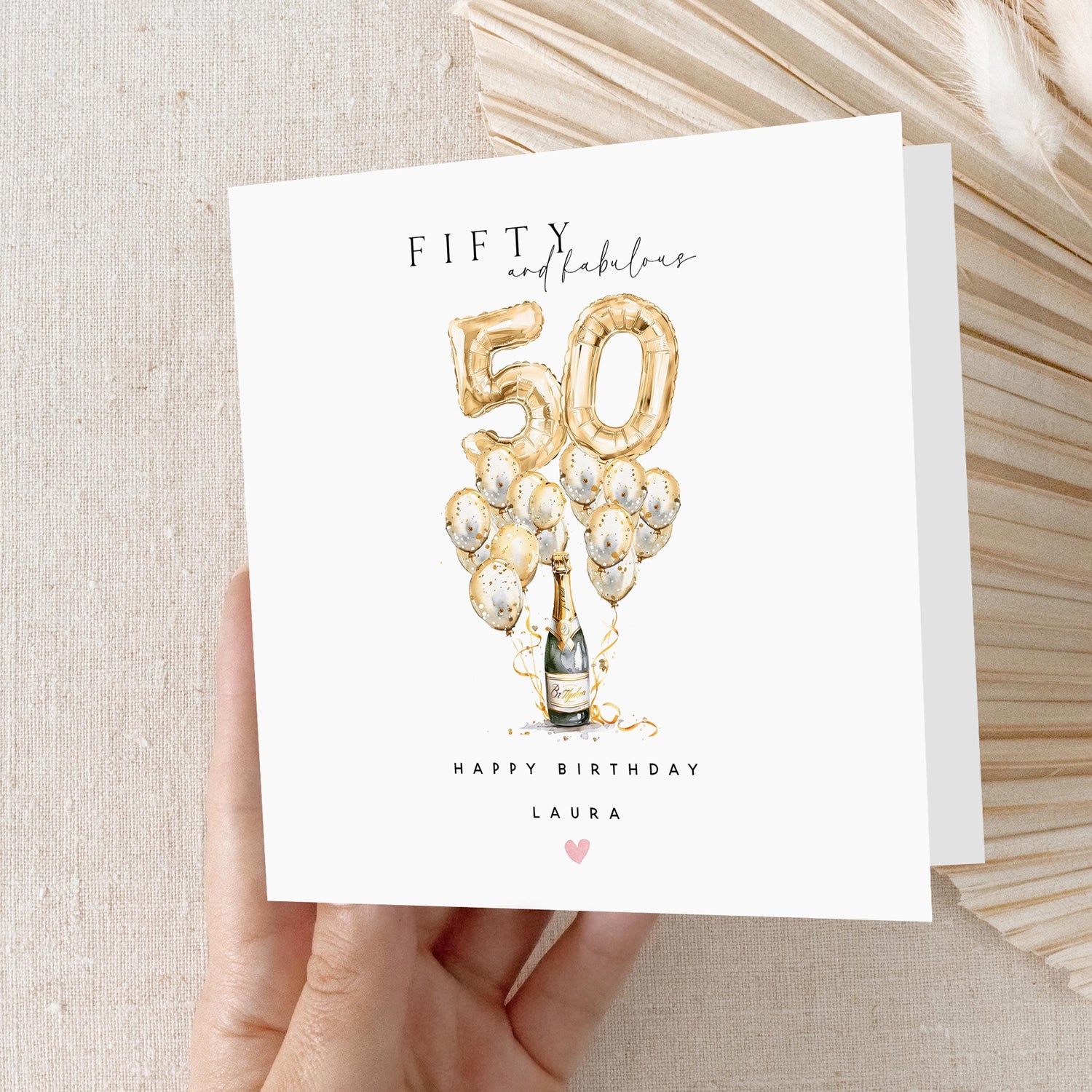 Personalised 50th Birthday Card, Special Milestone Card, Birthday For Daughter, Wife, Script &amp; Champagne Gold Balloons 50, Fiftieth Birthday
