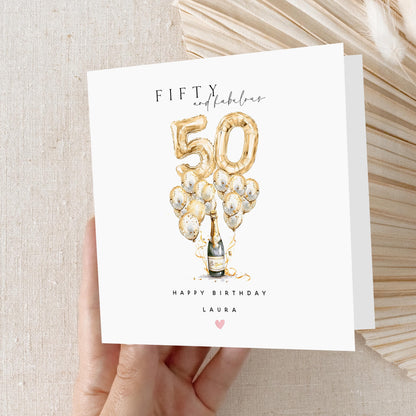 Personalised 50th Birthday Card, Special Milestone Card, Birthday For Daughter, Wife, Script &amp; Champagne Gold Balloons 50, Fiftieth Birthday