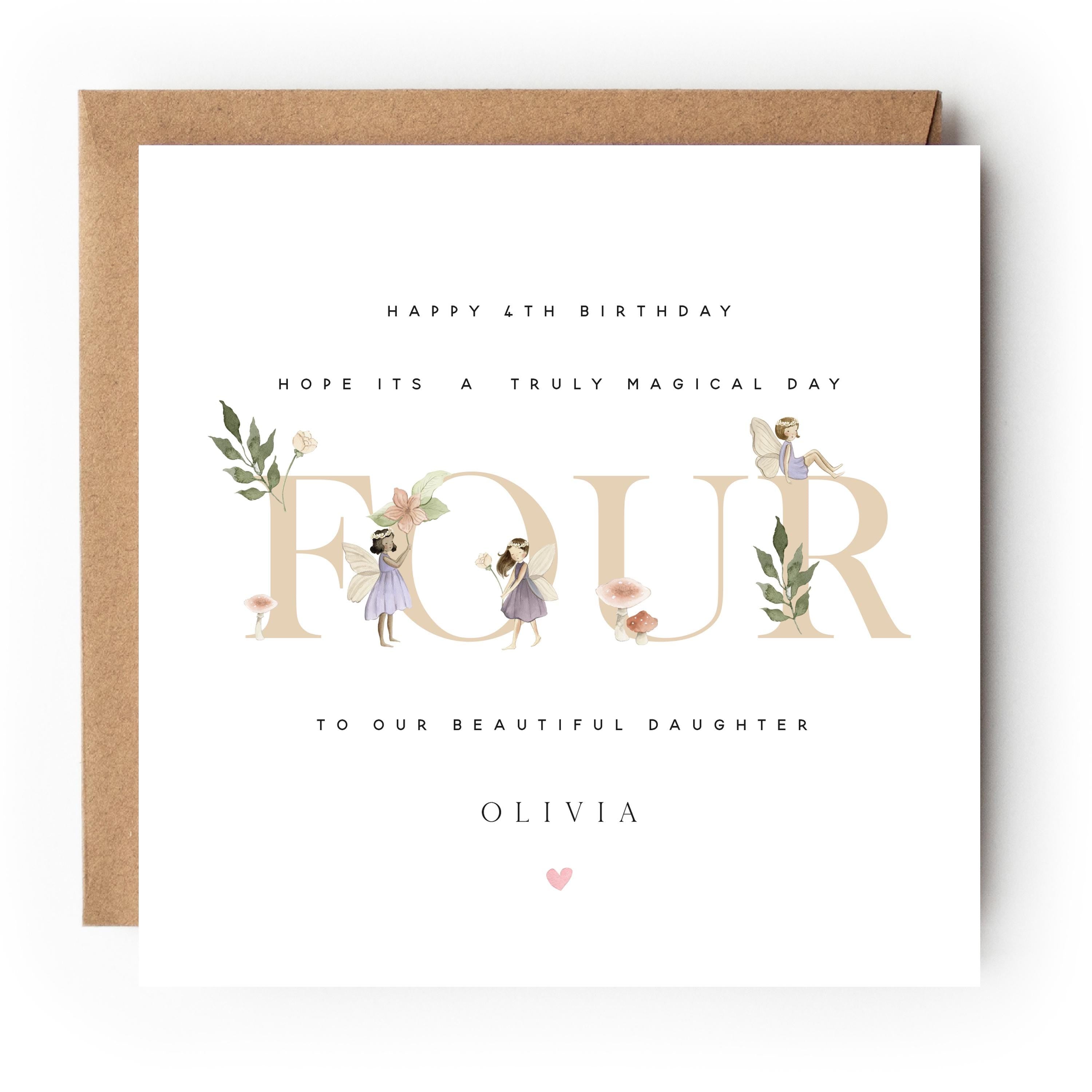 Personalised Birthday Card, Girls 4th Birthday Cards, Fairy Princess Birthday, Daughter, Granddaughter, Niece Birthday Card, Kraft Envelope