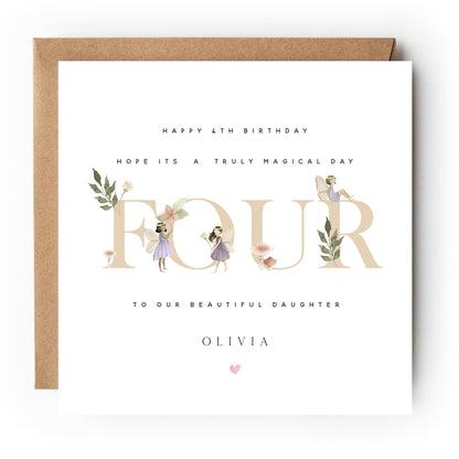 Personalised Birthday Card, Girls 4th Birthday Cards, Fairy Princess Birthday, Daughter, Granddaughter, Niece Birthday Card, Kraft Envelope