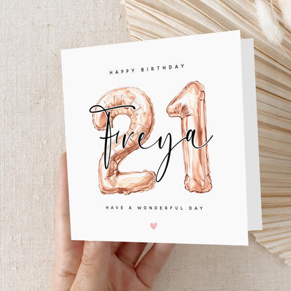 Personalised 21st Birthday Card, Special Milestone Birthday, Twenty First, Daughter, Granddaughter, Sister, Niece Card, Rose Gold Balloon