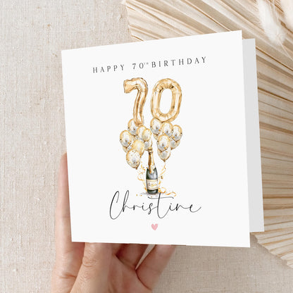 Personalised 70th Birthday Card, Special Milestone Card, Birthday For Grandma, Mum, Wife, Nan, Script, Seventy - Champagne &amp; Gold Balloons