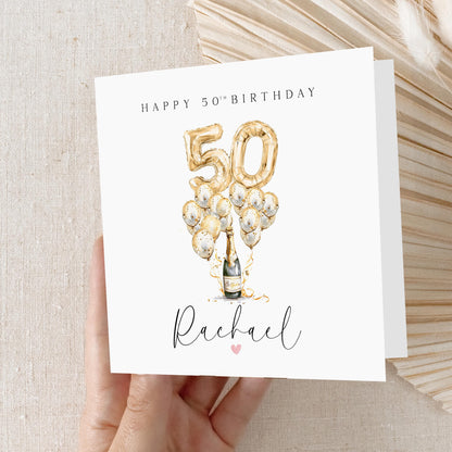 Personalised 50th Birthday Card, Special Milestone Card, Birthday For Daughter, Champagne &amp; Gold Balloon 50, Fiftieth Minimal-Kraft Envelope