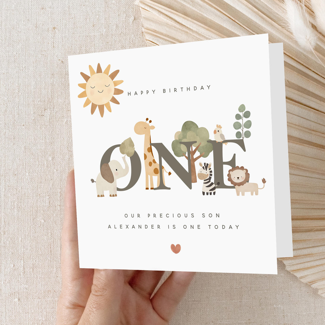 1st Birthday Card, Personalised Birthday Card, First Birthday, Unisex First Birthday Card, Safari Animals, Kraft Envelope Included