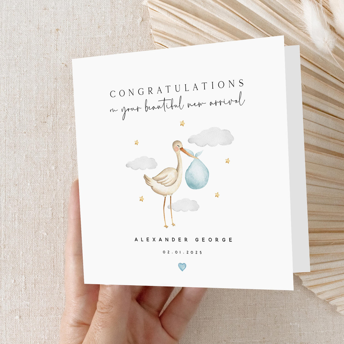 Personalised New Baby Card, Welcome To The World Card, Blue Stork Cloud Design,Newborn Baby, Congratulations New Parents, Kraft Envelope