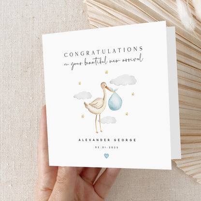 Personalised New Baby Card, Welcome To The World Card, Blue Stork Cloud Design,Newborn Baby, Congratulations New Parents, Kraft Envelope