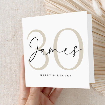 Personalised 30th Birthday Card, Special Milestone Card, Birthday Card For Son, Boyfriend, Husband, Beige 30, Thirty Minimal-Kraft Envelope