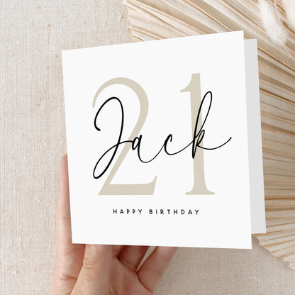 Personalised 21st Birthday Card, Special Milestone Card, Birthday For Son, Boyfriend, Script &amp; Beige 21, Twenty First Minimal-Kraft Envelope