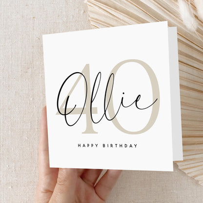 Personalised 40th Birthday Card, Special Milestone Card, Birthday For Son, Husband, Dad, Script &amp; Beige 40, Forty Minimal-Kraft Envelope
