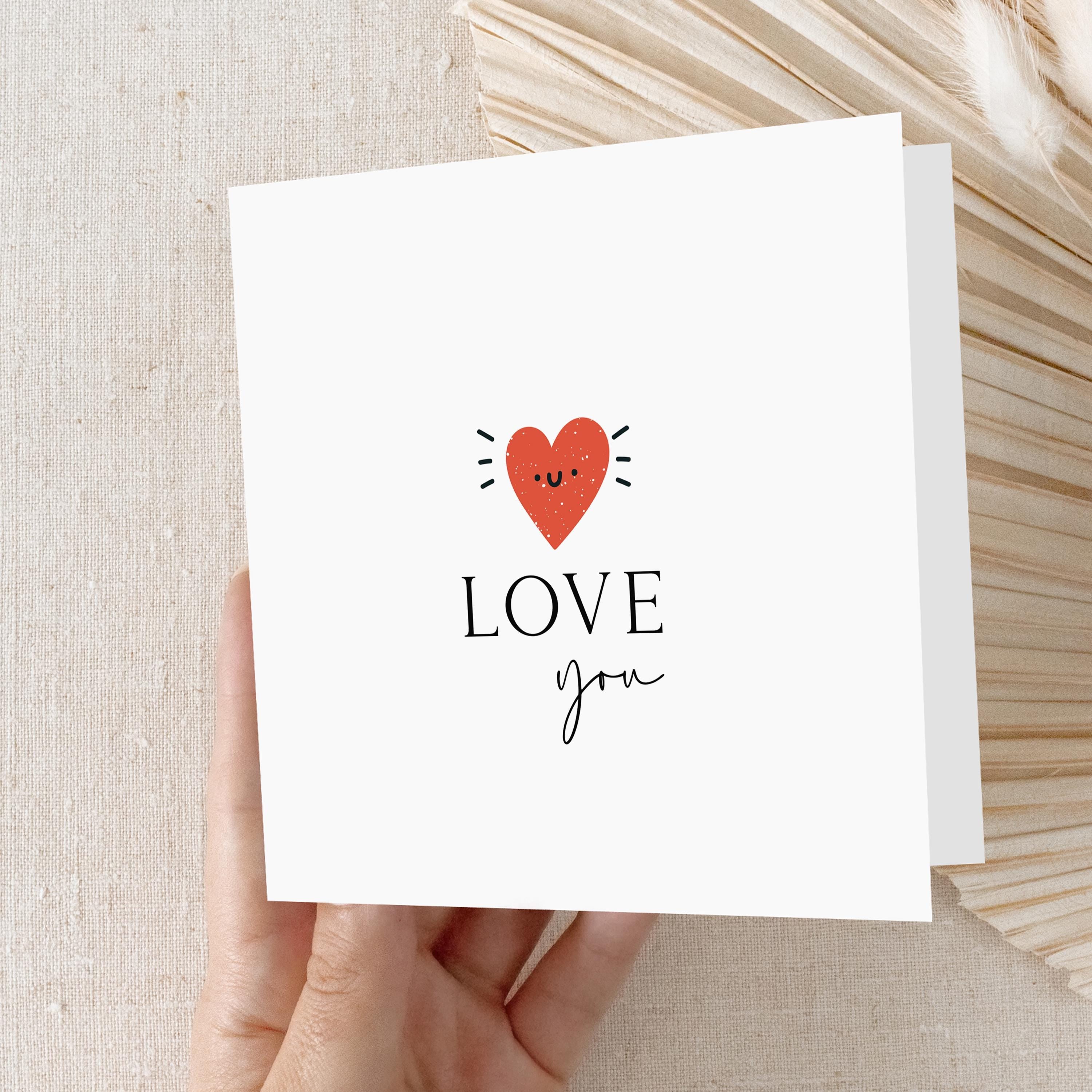 Valentines Day Card, Minimal Love You Card With Smiley Heart For Girlfriend Boyfriend, Husband Wife Partner Card, Valentines Gift,