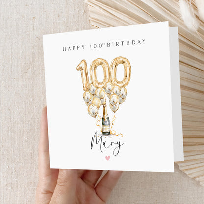 Personalised 100th Birthday Card, Special Milestone Card, Birthday For Wife, Sister, Friend Champagne &amp; Gold Balloons 100,Hundredth Birthday