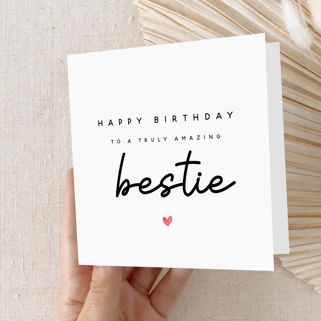 Personalised Bestie Birthday Card, Best Friend Birthday Card, Script Font & Pink Hearts, Amazing Friend Birthday Keepsake, Minimal Design