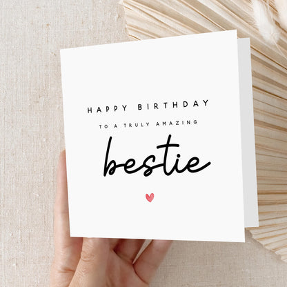 Personalised Bestie Birthday Card, Best Friend Birthday Card, Script Font &amp; Pink Hearts, Amazing Friend Birthday Keepsake, Minimal Design