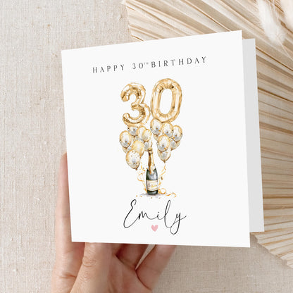 Personalised 30th Birthday Card, Special Milestone Card, Birthday Card For Wife, Sister, Daughter, Auntie, Champagne &amp; Gold 30 Balloon