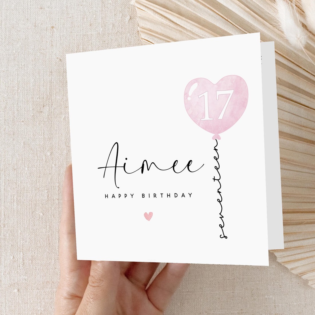 Personalised 17th Birthday Card, Special Milestone Card, Birthday For Daughter, Pink Balloon 17, Seventeen Minimal-Kraft Envelope Included