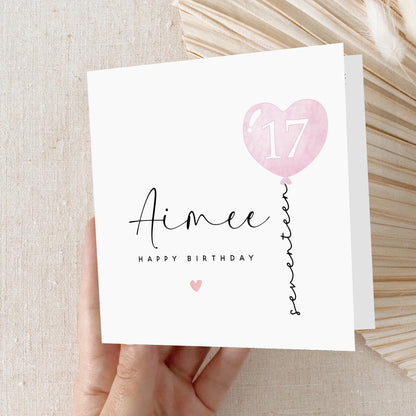 Personalised 17th Birthday Card, Special Milestone Card, Birthday For Daughter, Pink Balloon 17, Seventeen Minimal-Kraft Envelope Included