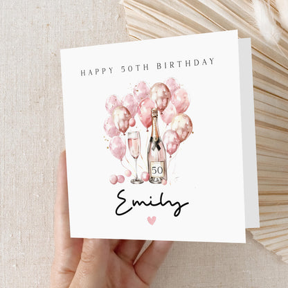 Personalised 50th Birthday Card, Special Milestone Card, Birthday For Daughter, Wife, Script &amp; Champagne Pink Balloons 50, Fiftieth Birthday