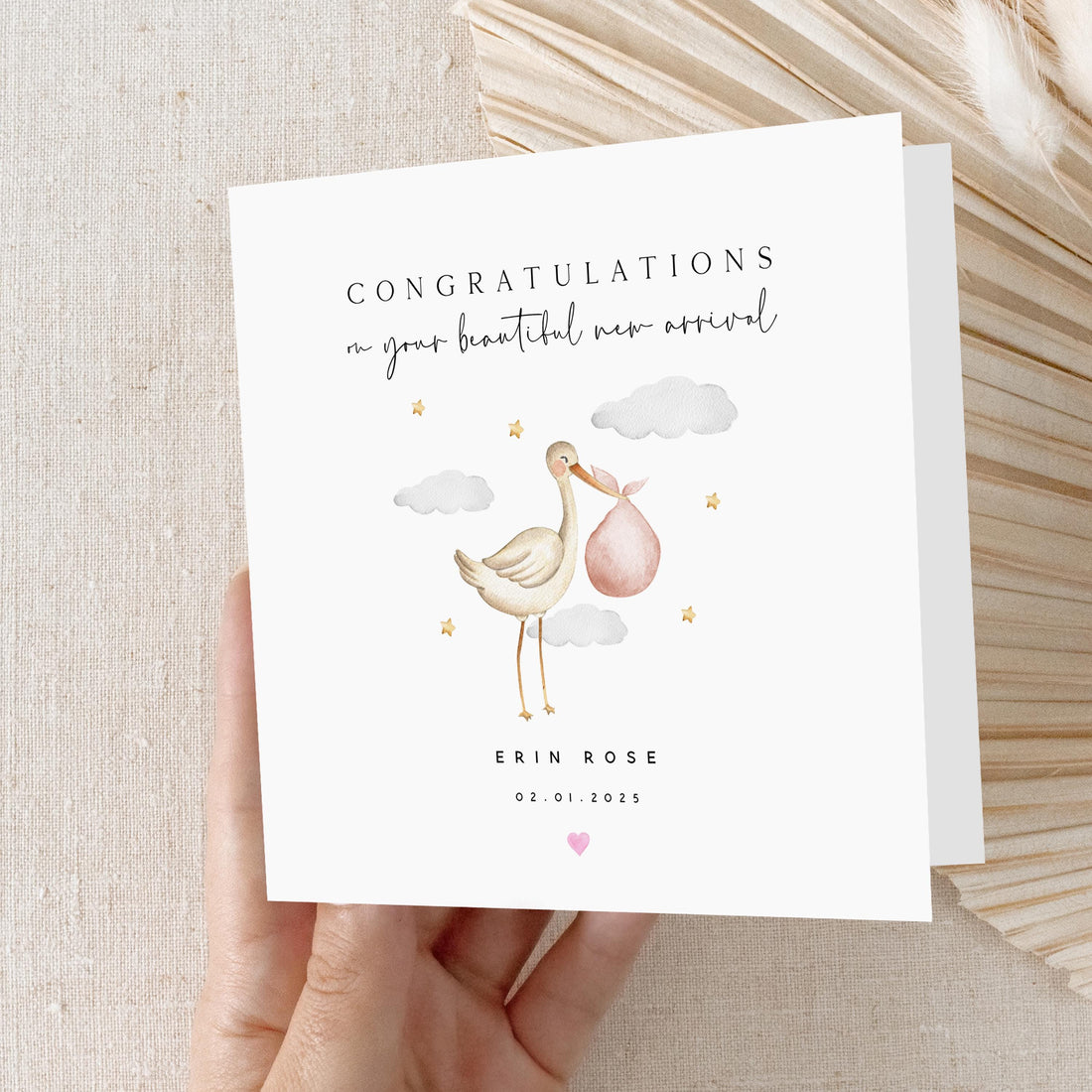 Personalised New Baby Card, Welcome To The World Card, Stork Cloud Design,Newborn Baby, Congratulations New Parents, Kraft Envelope Included